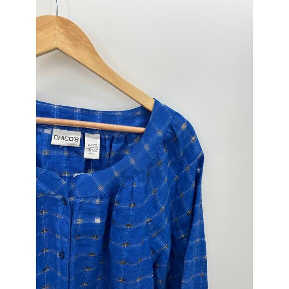 Chicos Blue Rosemarie Window Linen 3/4 Shirt Moroccan Tunic Button Down Sz 1 NWT - Picture 6 of 8